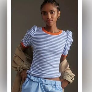 Maeve Anthropologie Puff-Sleeve Striped Top Womens Size Small